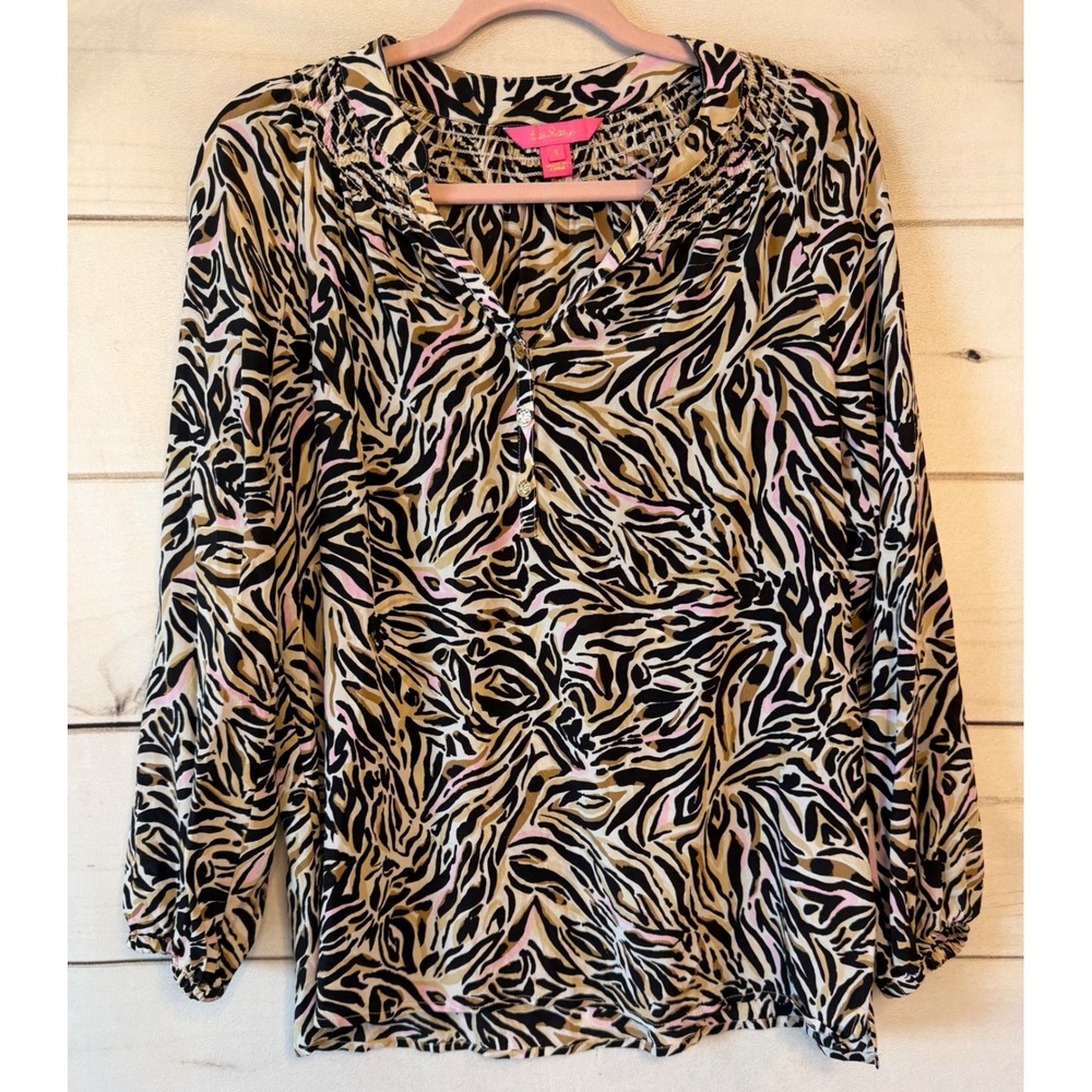 Lilly Pulitzer Elsa Silk Blouse Pink Tan Black Zebra Animal Print Smocked Top S